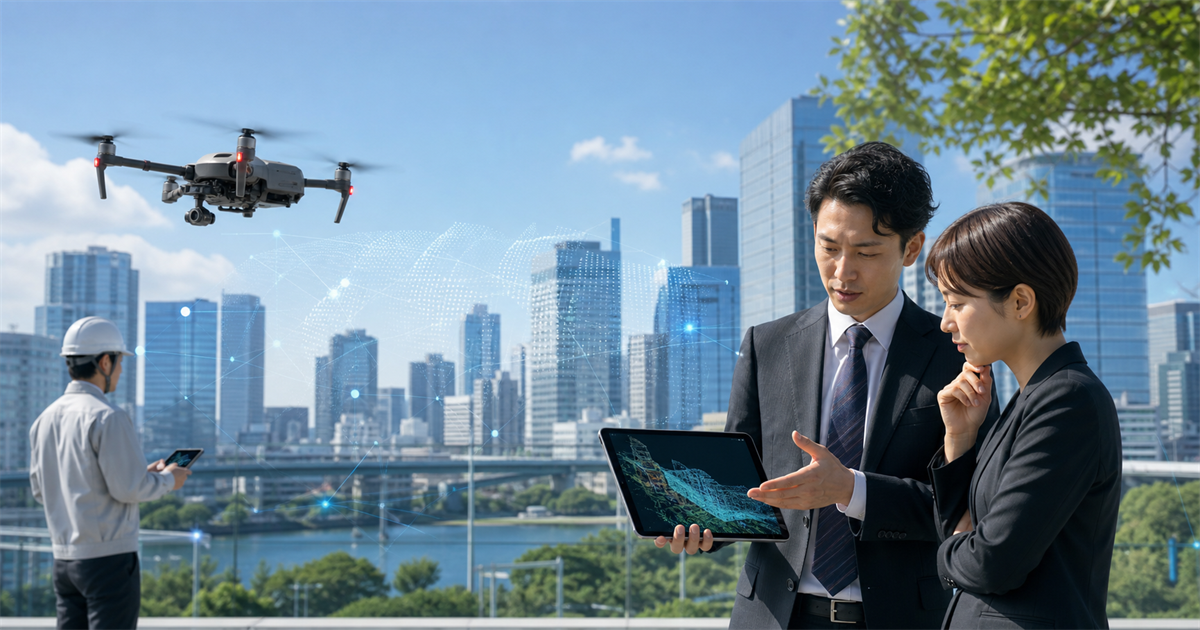 東京 ドローン M&Aの相談をイメージした都市部のドローン運航とデータ確認