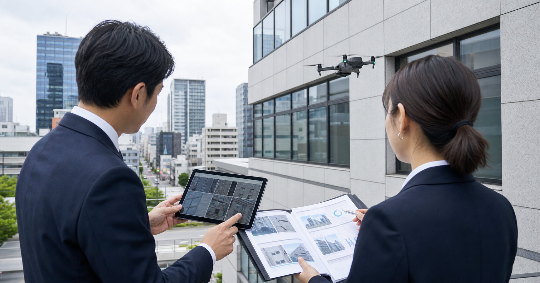 外壁点検 ドローン M&Aの相談を想起させるビル外壁点検と事業承継資料のイメージ