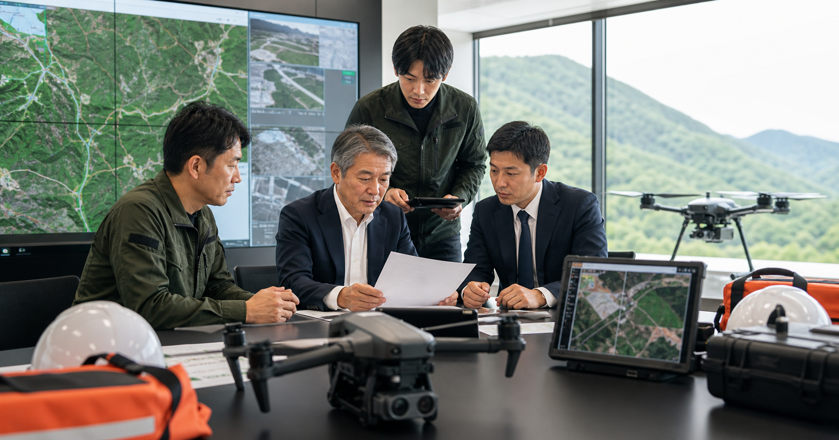 災害対応 ドローン M&Aの相談を想起させる運航管理と事業承継資料のイメージ