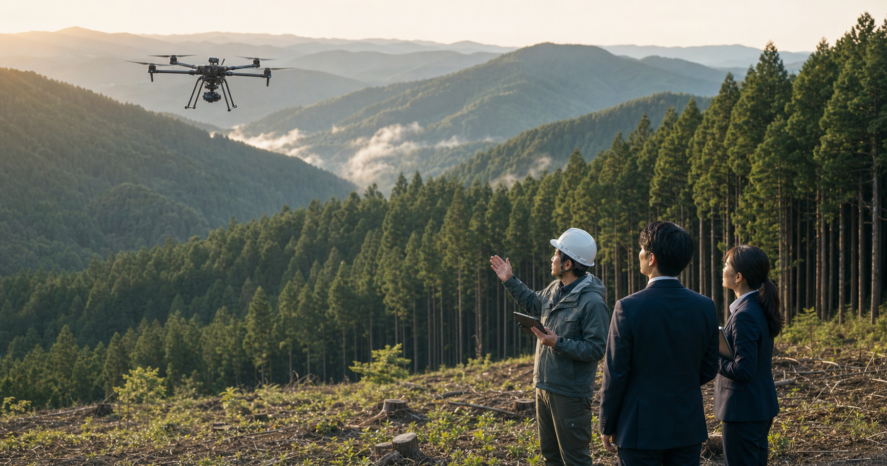 北海道 ドローン M&Aで広域測量・点検事業の承継を検討する経営者と飛行チーム