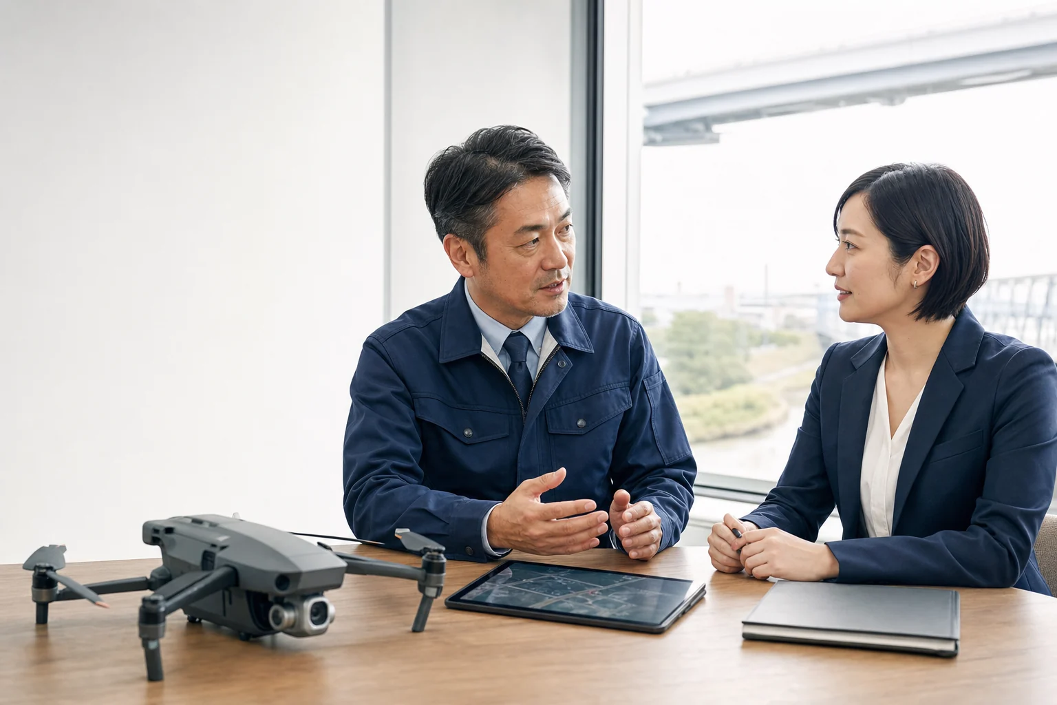 ドローン事業のM&A相談を行う経営者とアドバイザー
