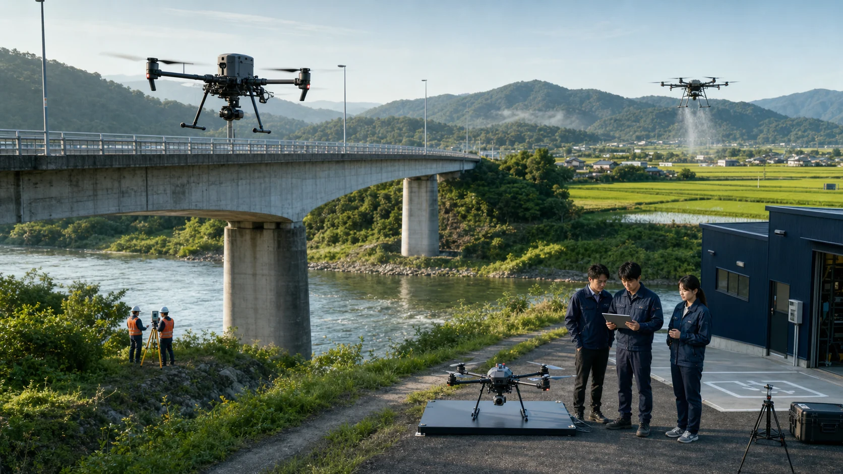 橋梁点検や測量、農業、運航研修に活用されるドローン事業のイメージ