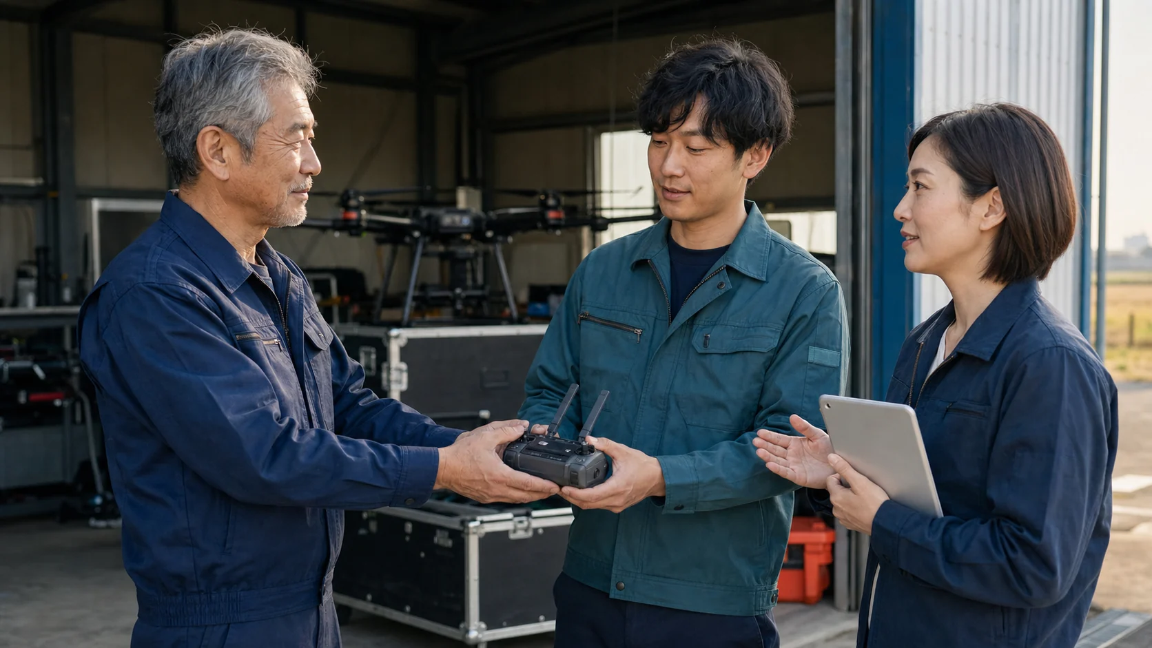 ドローン運航の引き継ぎについて話し合う経営者と次世代チーム