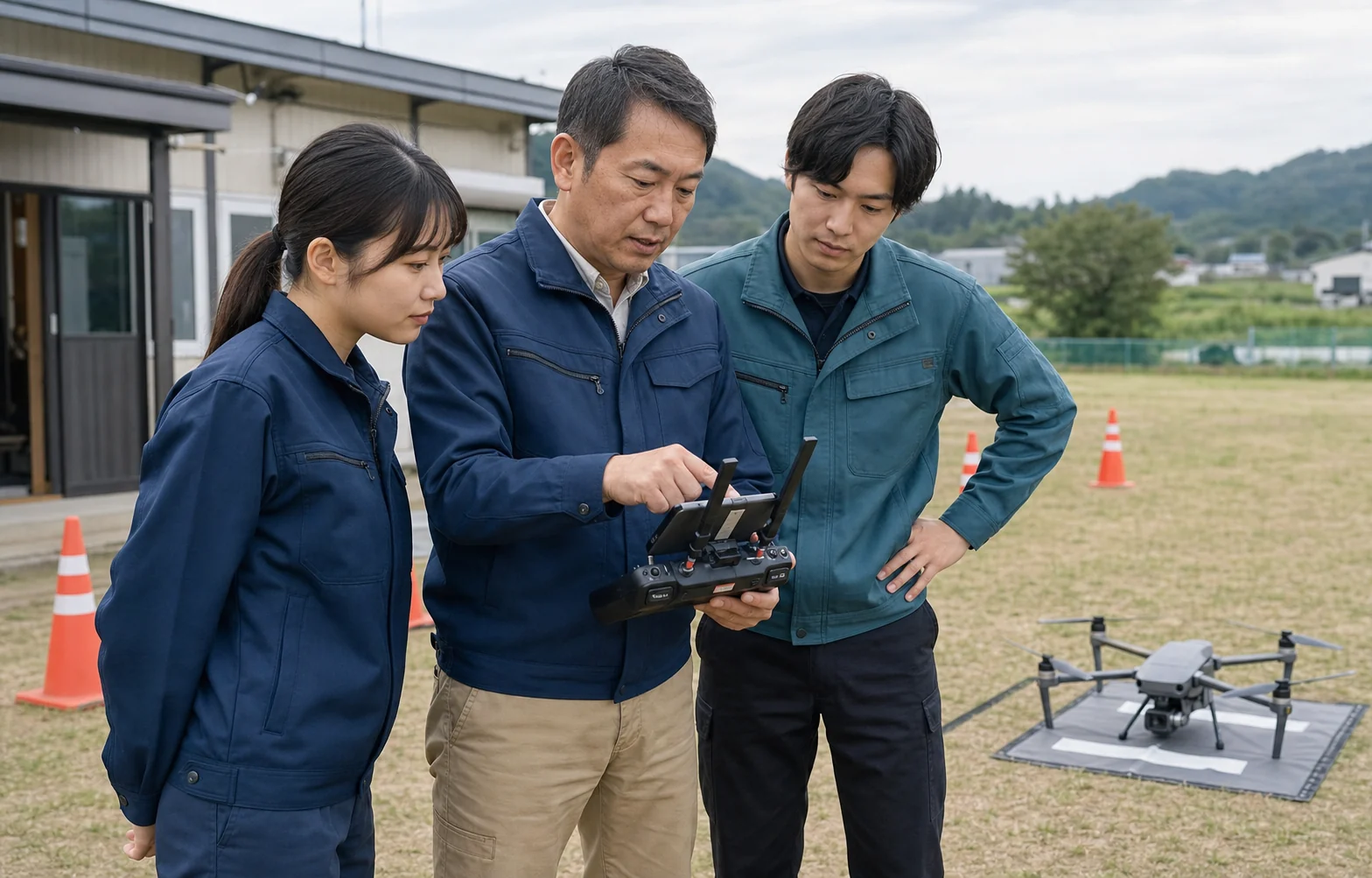屋外訓練場でドローン操縦を指導する講師と受講者