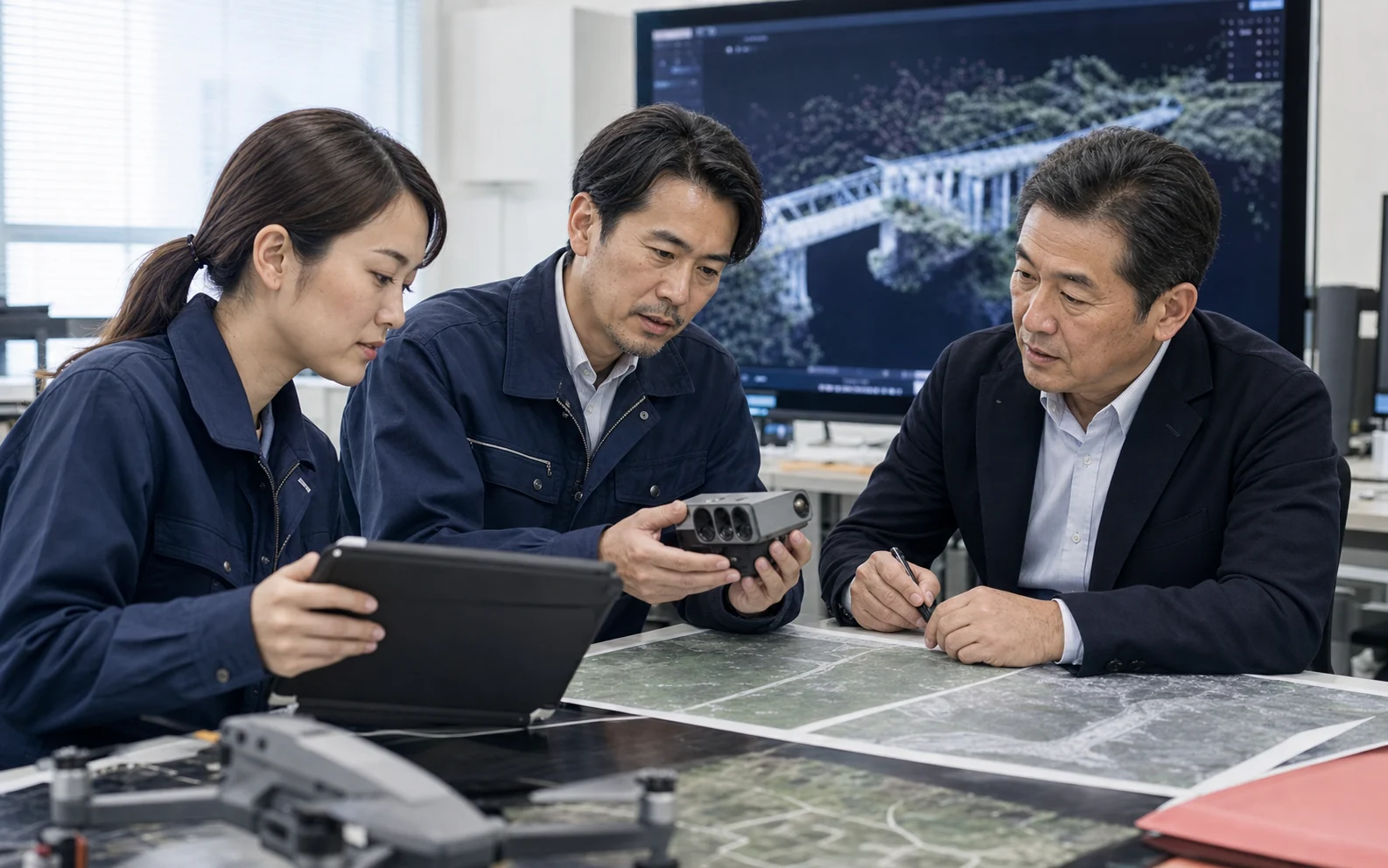 ドローンの点群データとセンサーを確認する解析担当者と経営者