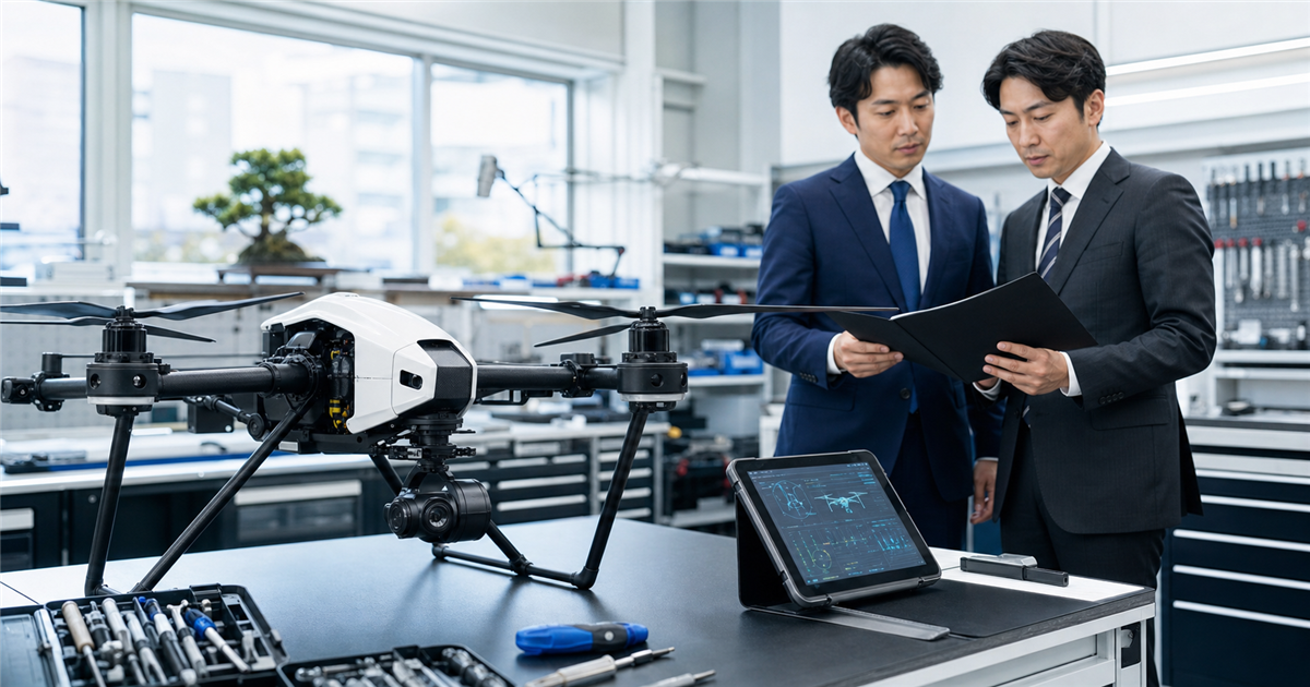 ドローン修理 M&Aで修理工房の機体と事業承継資料を確認する様子