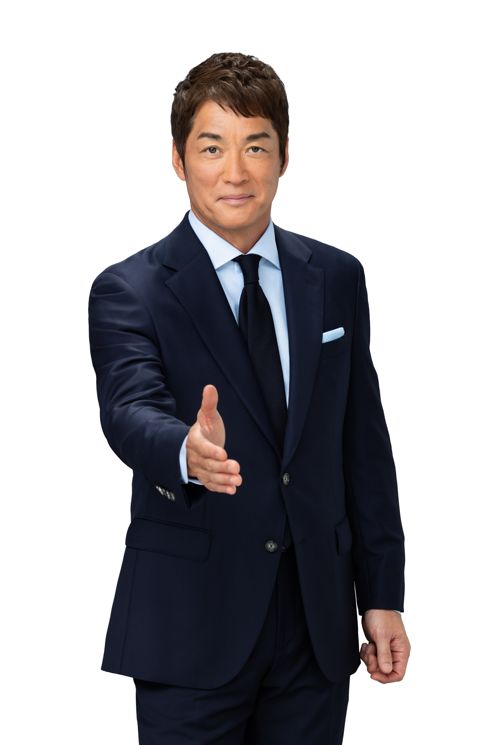 手を差し出すスーツ姿の長嶋一茂