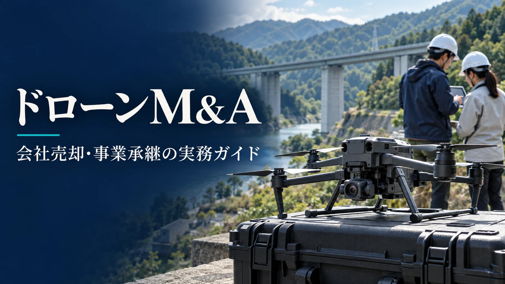 ドローン M&Aと会社売却・事業承継を表す、点検用ドローンと現場担当者のイメージ